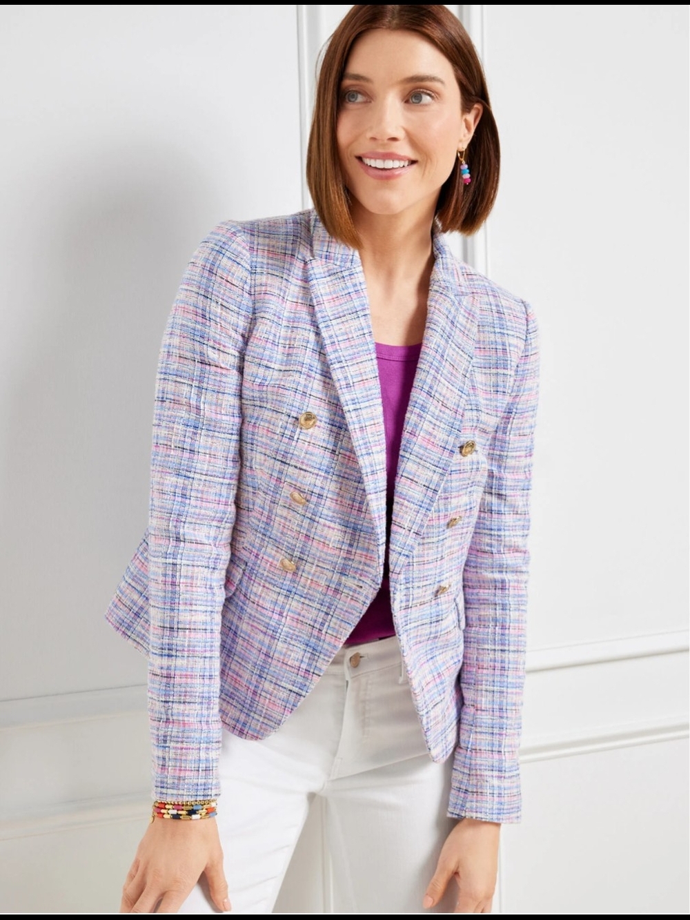 Talbots Lavender Tweed Plaid Double-Breasted Blazer, size 18W preppy summer
